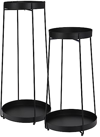 Spetebo Blumentopf Ständer aus Metall in schwarz 2er Set - H 58 / 46 cm - Deko Blumenregal mit 2 Ablagen - Pflanzentreppe Blumenhocker Deko Beistelltisch Pflanzen Blumen Halter