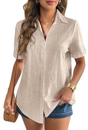 Zeagoo Women's Blouses Casual Button Up Shirts for Women Linen Button Down Short Sleeve V Neck Collar Teacher Tops Light Khaki