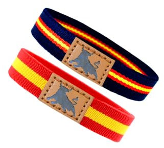 Only faith Pulsera Bandera España Pulsera de Cuero piel genuino Hombre Acero inoxidable Ajustable Bandera Paracord Amarillo y rojo negro Regalo para Hombre (Elástica 2 Toro Roja - Azul)