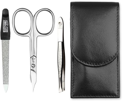 Sonnenschein by Hans Kniebes - Maniküre Set 3 teilig - Nagelschere, Nagelfeile und Pinzette - Taschenmaniküre Nagelpflegeset - Nappa-Lammleder Manicure Etui (Schwarz)