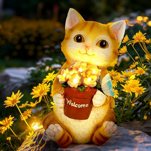 GIGALUMI Statues solaires de Jardin Mignonnes en Forme de Chat pour extérieur, Cour, décoration de Jardin, Cadeaux Uniques de Pendaison de crémaillère pour Les Amoureux des Chats, Les Femmes et Les