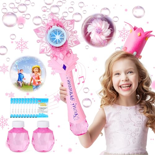 deAO Baguettes À Bulles pour Filles,Machine À Bulles Électrique avec Lumières Musique Et Liquide À Bulles,Jouets D'Extérieur Pistolet A Bulle Enfants 3 4 5 6
