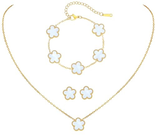 Myrnaist Kleeblatt-Schmuckset mit Blumendesign, vierblättriges Kleeblatt, Halskette für Frauen, Glücksklee-Armband, Ohrringe für Mädchen, 3-teilig, Kleeblatt-Schmuck im Blumenstil, Geschenk (white)