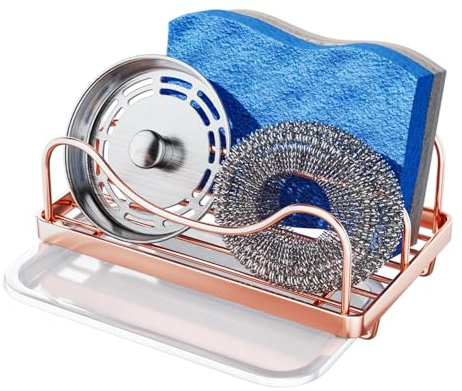 Consumest Sponge Holder for Kitchen Sink, Movable Sink Caddy for Countertop Organizer, 304 Stainless Steel Sink Sponge Holder with Detachable Drip Tray for Kitchen Accessories, Rose Gold