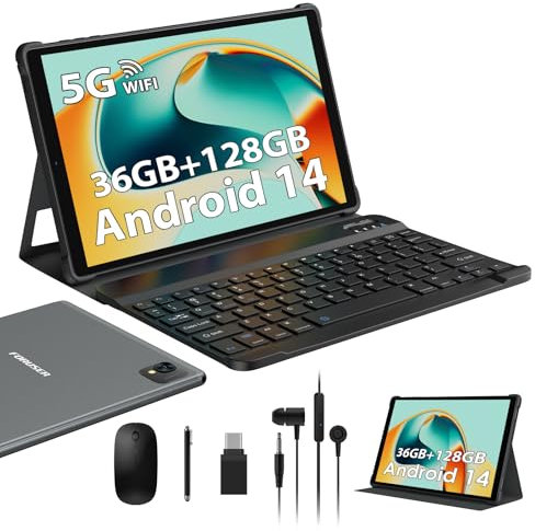 FORUSER Tablet 10 Pulgadas Android 14 Tableta 5G WiFi Octa Cores,2.0GHz Tablet PC 36GB RAM+128GB ROM,1920 * 1200 FHD incell,8000mAh,13MP+8MP,GPS,Face ID,Tablet con Teclado,Ratón-Gris