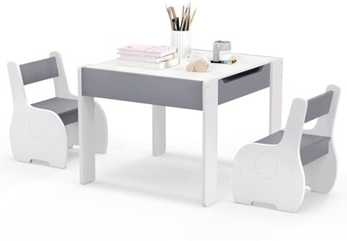 COSTWAY Kids Table and Chair Set, Wooden Children Study Desk with 2 Chairs, Reversible Blackboard Tabletop & Hidden Storage, 3PCS Toddler Activity Furniture for Learning, Drawing, Dining (Gray+White)