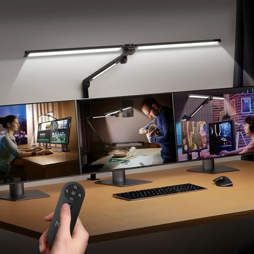 NGTeco LED Schreibtischlampe mit 3 Lichtleisten, 39,3 Zoll dimmbare Arbeitsplatzlampe, Augenfreundliche Tischleuchte mit verstellbarem Schwenkarm, 1500LM ultrabright Architektenlampe mit Fernbedienung