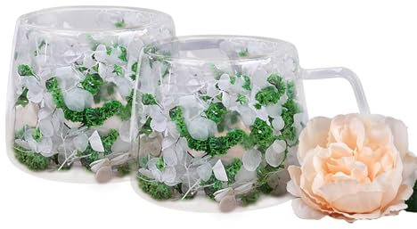 LeKuni Confezione da 2 bicchieri da latte macchiato con fiori secchi, 200 ml, a doppia parete, per tè, gelato, tè freddo, Iced Americano, latte, succo di frutta, verde