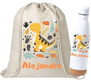 WEPRINTFY. | Pack Mochila Cuerdas Infantil Personalizada y Botella Térmica Personalizada | inicial y Nombre | Botella de 750 ml | Bolsa Ropa Guarderia | Botella Agua Acero Inoxidable (DINO)