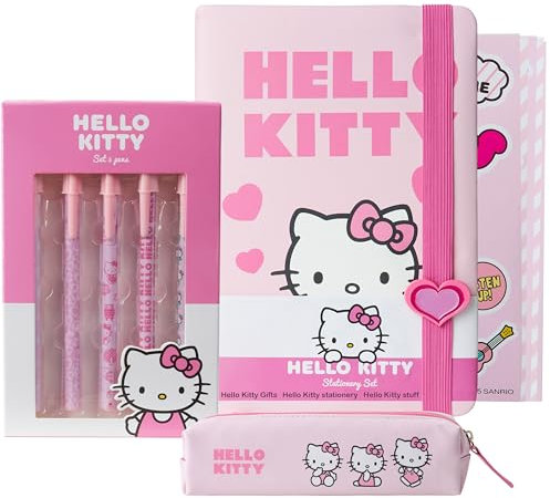 Get Trend Hello Kitty Sanrio Set Cancelleria con Quaderno Diario Penna a Sfera Astuccio Matite Stickers Anime Materiale Scolastico e Ufficio (Rosa Hello Kitty)