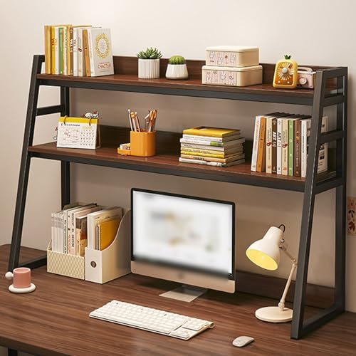 2-Tier Ladder Desktop Shelf Desk Hutch for Computer Desk, Freestanding Desktop Display Rack, Multipurpose Vintage Metal and Wood Desktop Bookshelf Storage Organizer