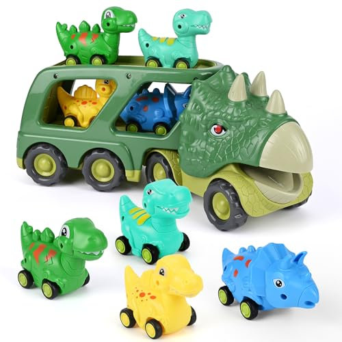 Weinsamkeit Jouet Camion Dinosaure Enfant avec Sons & Lumières de Rugissement, Jouet Garage Voiture pour Enfants Camion Transporteur (Vert)