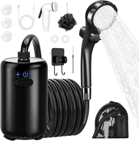 Tragbare Campingdusche mit Pumpe, Camping Dusche mit Wiederaufladbarem 8000mAh-Akku und Intelligenter LED-Anzeige,IPX7 Wasserdichte Mobile Duschen mit Duschkopf und Schlauch für Camping,Wandern,Reisen