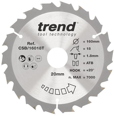 Trend Wood Cordless Circular Saw Blade, 160mm Diameter, 20mm Bore, 18 Teeth, 1.8mm Kerf, +20° Hook, TCT, Coarse Finish, CSB/16018T