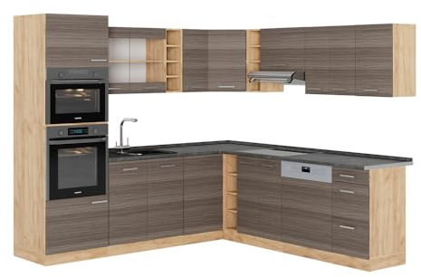 Vicco Eckküche R-Line, Edelgrau/Goldkraft Eiche, 237 x 247 cm, AP Anthrazit