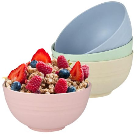 Hollylife Set of 4 Lightweight Cereal Bowls Plastic Soup Bowl Set Reusable Microwave and Dishwasher Safe Unbreakable Non-Toxic BPA Free Suitable for Soups Rice Fruit Noodles（Mutil Color）