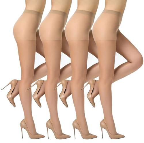 Fangshu 4 Paia 20 DEN Medias Mujer, Medias Transparentes Transpirables Negros & Nude Puntera Reforzada Perfectos Para Faldas Y Ropa Formal
