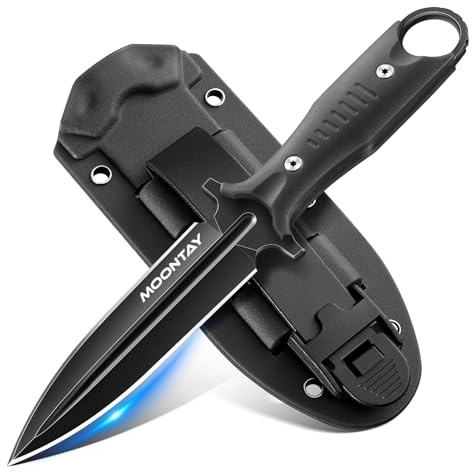 Moontay Outdoor-Campingmesser mit K-Scheide, schwarz beschichtete Edelstahl-Überlebensmesser für Camping, Bushcraft, Jagd, Feststehende Klinge, durchgehende Klinge, Gürtelclip und Paracord-Öse, schwa