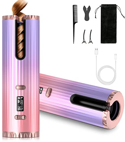 Automatic Cordless Curling Iron, with 6 Temperature Setting & Timing Function, USB Rechargeable with 5200mAh Battery, Smart LCD & Induction, Use at Home Travel Wedding Party Camping Dating