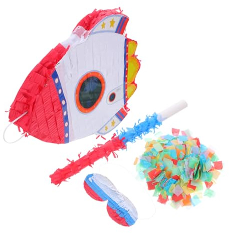 BESTonZON Weltraum-kindergeburtstag Piñata Spielzeugrakete mit Augenbinde und Stab Raketen-partydeko für Astronauten-themenparty Papier-piñata für Geburtstags-spiele