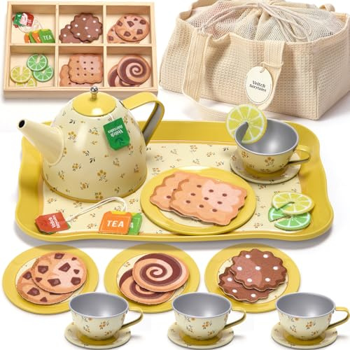 Veitch fairytales Kids Tea Party Set for Little Girl, Tea Sets for Toddler Pretend Play Food Kitchen Toy Accessories Gift for 3 4 5 6 Years Old Girls Boys (Yellow)