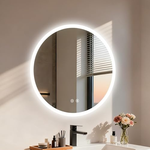 LUVODI LED Bathroom Mirror with Lights, 60cm Round, Dimmable, Anti-Fog IP56 | Illuminated Wall Mirror, 3-Colour Lighting Temperature, Memory Function. Tempered Glass