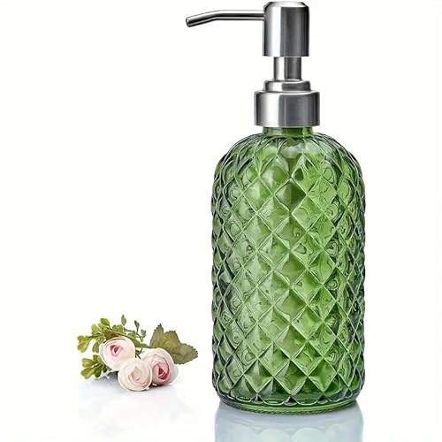 Decorative Glass Soap Dispenser, Geometric Patterned Glass Soap Dispenser, (green01)