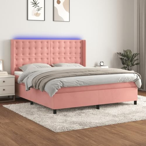 Hoopleep Rosa Boxspringbett mit Matratze, Verstellbarem Kopfteil & Buntem LED-Streifen, 180x200 cm, Weicher Samtstoff, Taschenfederkernmatratze für Erholsamen Schlaf, Queen Size Bettrahmen