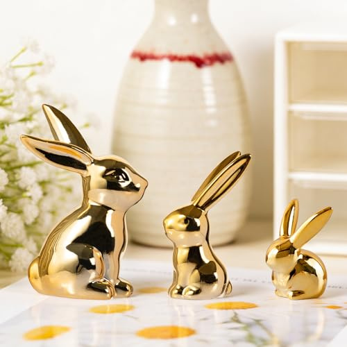Osterdeko Kaninchen Figuren Keramik, 3 Stück Ostern Deko Golden Osterhasen Statue Bunny Figur Hasenfigur Porzellan Hasen Skulptur Tischdeko Hase Dekofigur Frühlingsdeko Osterdeko für Zuhause Büro (A)