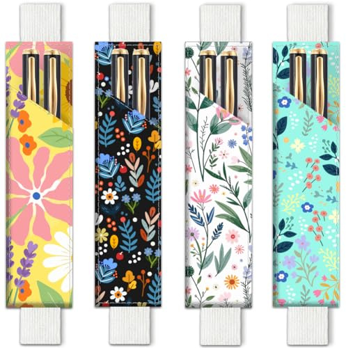 PRESSINART 4Pcs 4 Styles Elastic Band Pen Holder for Notebook Floral 7.9 x 1.8 Inch, Books Pencil Pouch Wildflowers Pattern Adjustable Band Leather Pen Case for Journal Bible Planner Diary Office Use