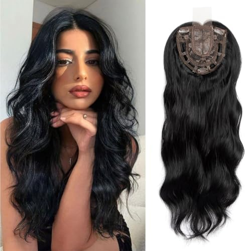 Lace Front Hair Body Wavy Topper Big Base Cover Thinning Hair White Clip in Hair Toppers for Women Fiber Wiglets with Fringe (Natural Black)