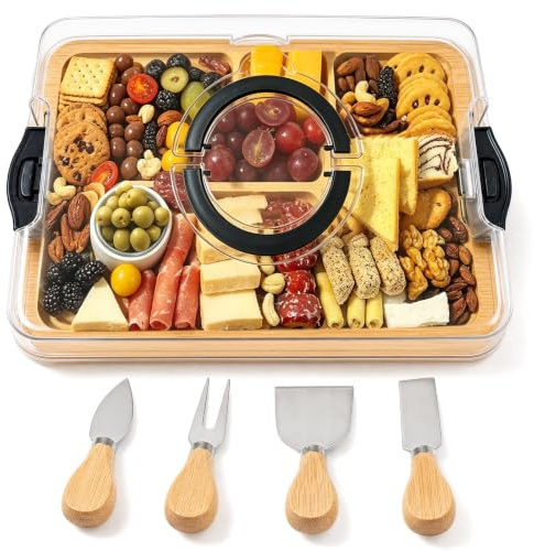 PORFOYO Planche À Charcuterie avec Couvercle, Lateau À Fromage avec Set De Couteaux, Plateau À Fromages Portable, Planche À Découper pour Fromages avec Poignées pour Pique-Niques Et Réceptions
