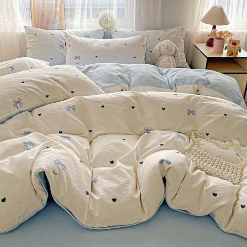 Freyamy Schleife Bettwäsche 220x240 Blau Schleifen Herzen Bettwäsche Set | Aesthetic Bettwäsche Mädchen, Microfaser ÖKO-TEX Bettwäsche-Sets, 1 Bettbezug mit Reißverschluss und 2 Kissenbezug 80x80cm