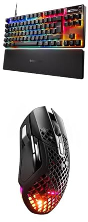 SteelSeries Bundle of Apex Pro TKL Gen 3 - Gaming Keyboard - Hall Effect Switches, OmniPoint 3.0 Aerox 5 Wireless RGB Gaming-Mouse mit Öffnungen in der Oberfläche