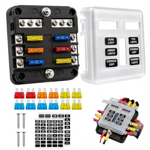 6 Voies Boîte à Fusibles 12V,Blocs Fusible Lame | Porte Fusible avec 6 Voyants LED Indicateur,12 Fusibles avec Bus Négatif pour 12V/24V Voiture Automobile Bateau Marine Camion