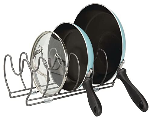 mDesign Geschirrablage für Kochtöpfe, Deckel und Pfannen – kompakter Topfdeckelhalter für den Küchenschrank – platzsparender Ständer für Kochgeschirr aus Metall – graphitfarben