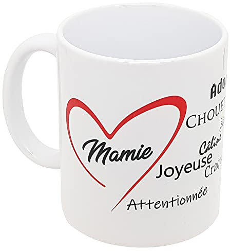 Kalféa Mug Amour mamie je t'aimeavec coeur et compliments tasse céramique Qualité Idée Cadeau Originale Famille grand-mère mémé anniversaire noel fete 325ml