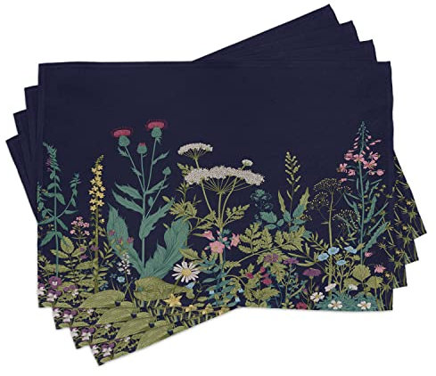 ABAKUHAUS Botanisch Platzmatten, Blühende Wiese Artwork mit verschiedenen Kräutern und Blumen ländlichen Feld Landschaft, Tiscjdeco aus Farbfesten Stoff für das Esszimmer und Küch, Grün Blau