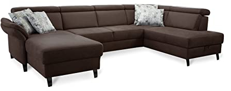 Cavadore Wohnlandschaft Ammerland mit Federkern, U-Form mit Longchair links und Ottomane rechts, inkl. Kopfteilverstellung, 317 x 84 x 193, lederoptik cognac