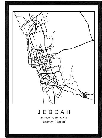 Nacnic Jeddah stadsplan blad, foton, tryck och affischer för vardagsrum, sovrum ... Nordisk stil i svart och vitt. Affisch över länder och kontinenter. A3-format utan ram.