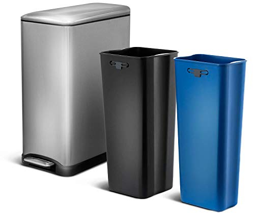 Home Zone Living Poubelle de cuisine de 50 litres, double doublures amovibles pour le recyclage et la poubelle, forme fine en acier inoxydable de 50 litres (8 + 5 pour 49 litres au total)
