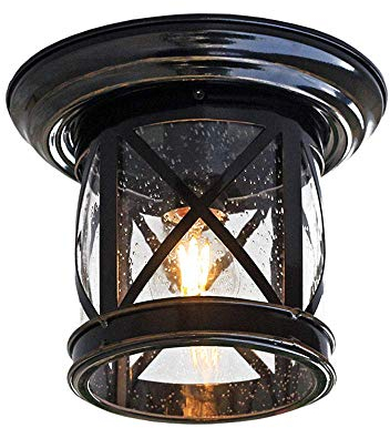 Retro Industrie Deckenleuchte Außen/Innen Deckenlampe Schwarz Metall Glas Schatten E27 Wasserdicht Balkon Bad Korridor Eingangs Pavillon Badezimmer Keller Vintage Deckenbeleuchtung Φ25.4cm
