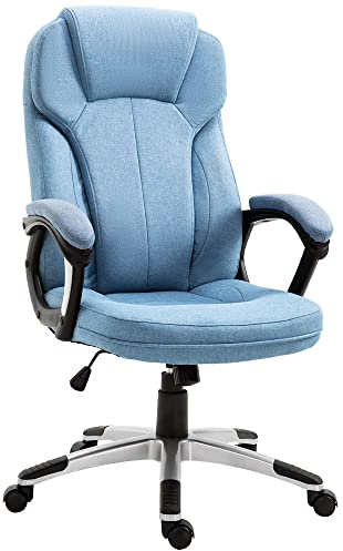 Vinsetto Bürostuhl Computerstuhl Drehstuhl höhenverstellbar Wippfunktion mit Kopfstütze und gepolsterte Armlehnen Ergonomisch Hellblau Leinen 66 x 75 x 110–120 cm