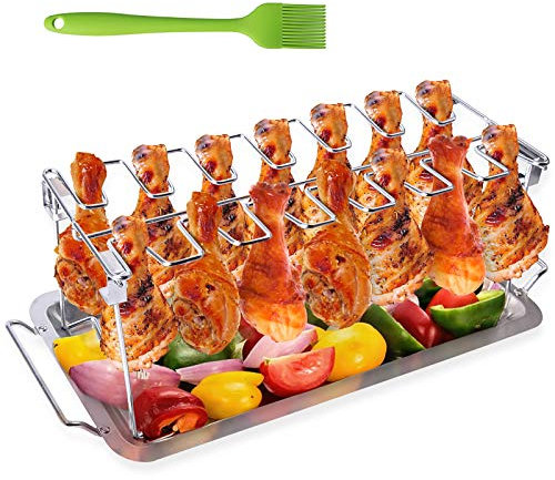 AISHN Chicken Leg Rack for Oven & Grill, Chicken Wing Grill Rack, BBQ Chicken Drumsticks Rack Stainless Steel Roaster Stand with Drip Pan, Hang Up to 14 Chicken Legs or Wings