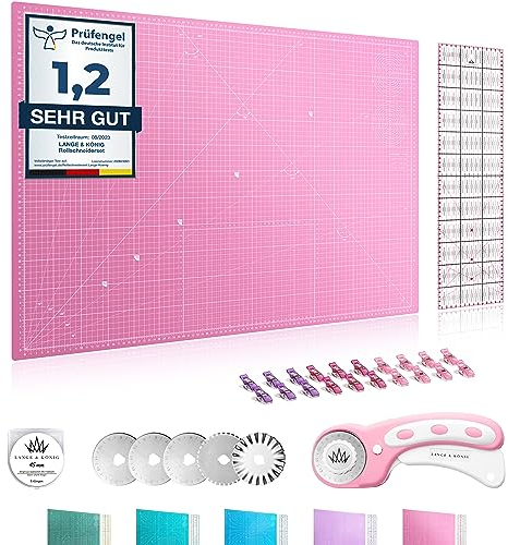 Lange & König Rollschneider Set in 3 Größen [A1, A2, A3] und 5 Farben Inkl. Schneidematte, Rollschneider, 5 Ersatzklingen, Patchwork-Lineal + 20 Stoffklammern als Nähzubehör (Rosa, A1 Set)