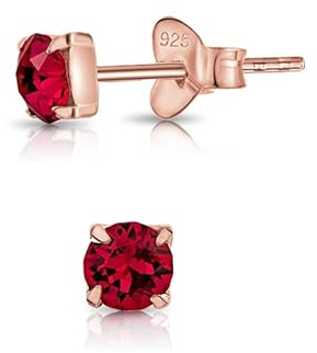DTPsilver® WINZIGE Quadratischer Ohrringe 925 Sterling Silber Rosen-Gold überzogen mit Runde Kristallen von Swarovski® Elements - Sehr KLEINE Ohrstecker - Durchmesser 4 mm - Farbe : Rubin