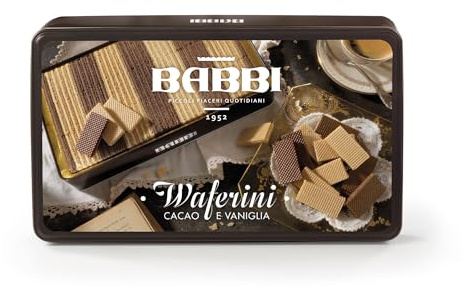Waferini Piccoli Piaceri Cacao e Vaniglia, 250g con Circa 105 Pezzi in Elegante Latta Babbi, Wafer Assortiti con Ripieno al Cacao e Vaniglia, Regalo Goloso ed Elegante