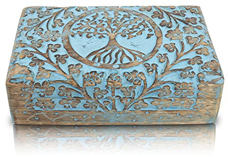 Great Birthday Gifts Handmade Decorative Wooden Jewelry Keepsake Box Tree Of Life Carving Jewelry Organizer Treasure Chest Trinket Holder Watch Storage Lock Box Housewarming Gifts (Blue)