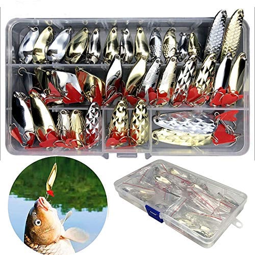 NganSuRong 35PCS Fishing Lures Pike Treble Hooks Salmon Mixed Trout Bass Spoon Sinking Spinners Hard Bait Metal Artificial Tackle Box Equipment