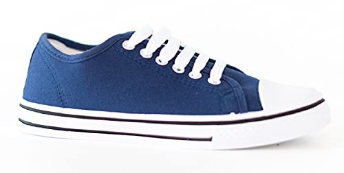 Ladies Unisex Flat Casual LACE UP Girls Pumps Canvas Plimsolls Womens Trainers Shoes Gym Sports Trainers Lightweight Comfortable PE Navy 8 UK